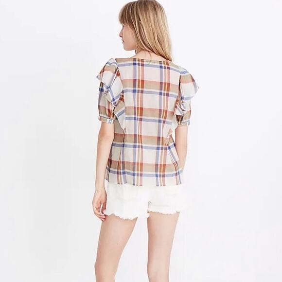 Madewell V Neck Shoulder Ruffle Top Blouse Shady Plaid Rusted Tin Small EUC - Picture 2 of 11